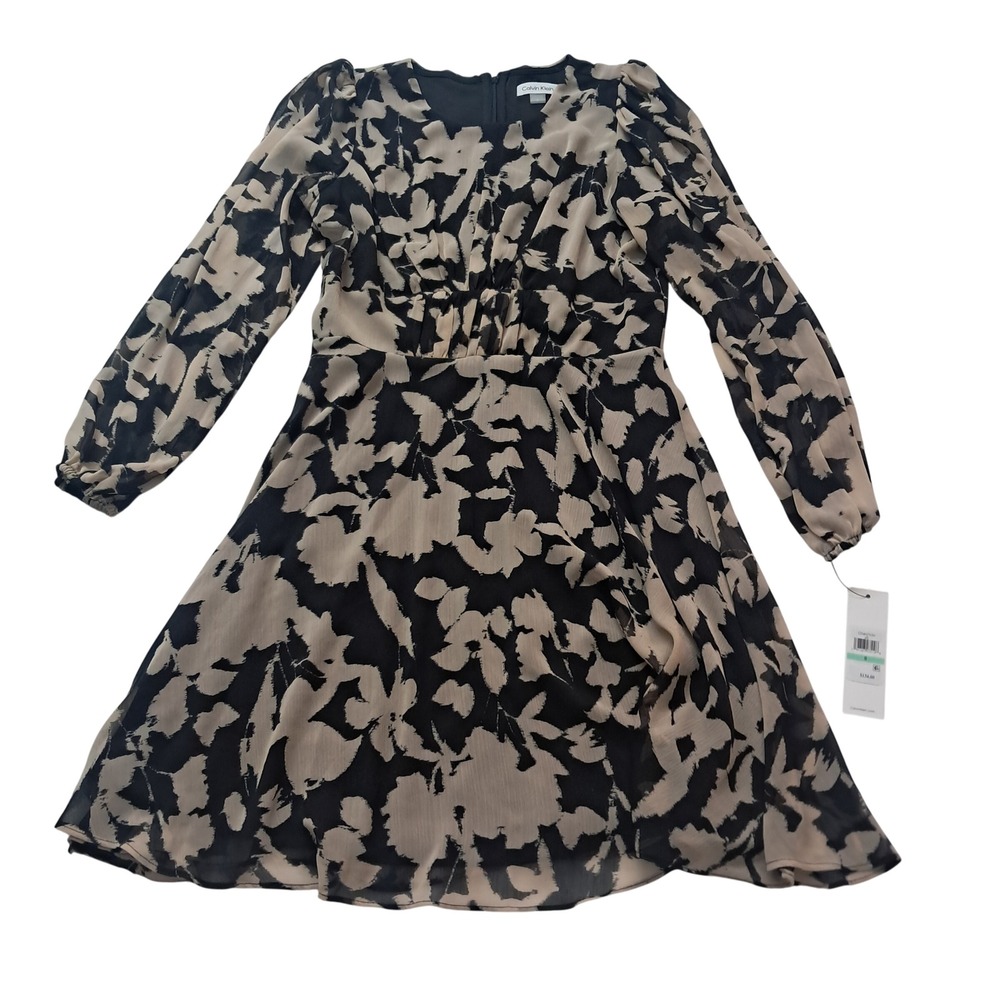 NWT Calvin Klein Dress Women's 8 Black Tan Floral Chiffon Long Sleeve